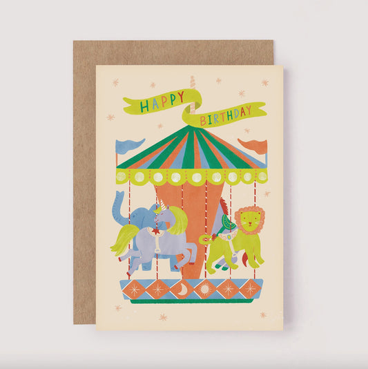 Carousel Ride Birthday Card - Retro Kids Cute Animals Bday